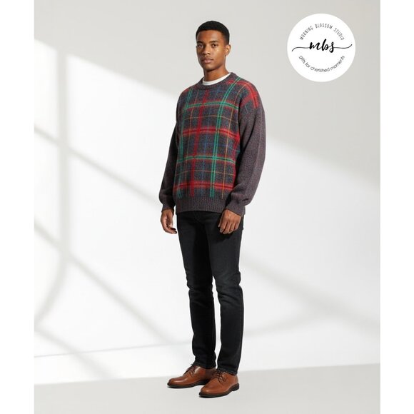 Scott Officer 100% Pure Wool Crew Neck Plaid Sweater Multciolors Men L - Picture 1 of 11